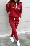 Red Fashion Casual Print Basic Hooded Collar Long Sleeve Two Pieces