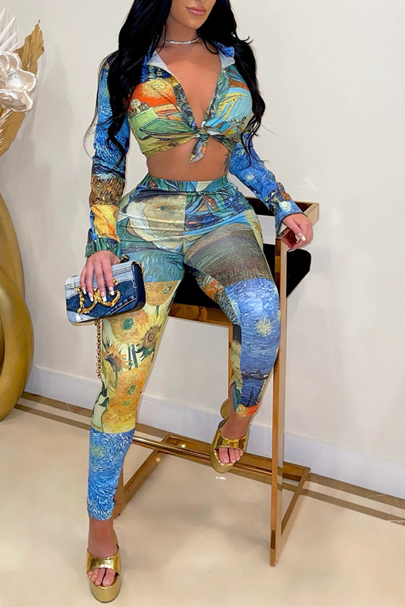 

Colour Sexy Print Split Joint Turndown Collar Long Sleeve Two Pieces