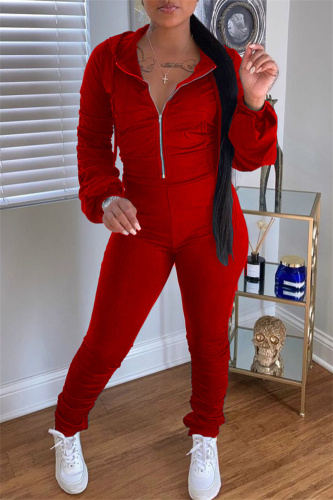 Red Fashion Casual Solid Fold Hooded Collar Long Sleeve Two Pieces