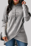 Grey Fashion Casual Print Patchwork Hooded Collar Tops