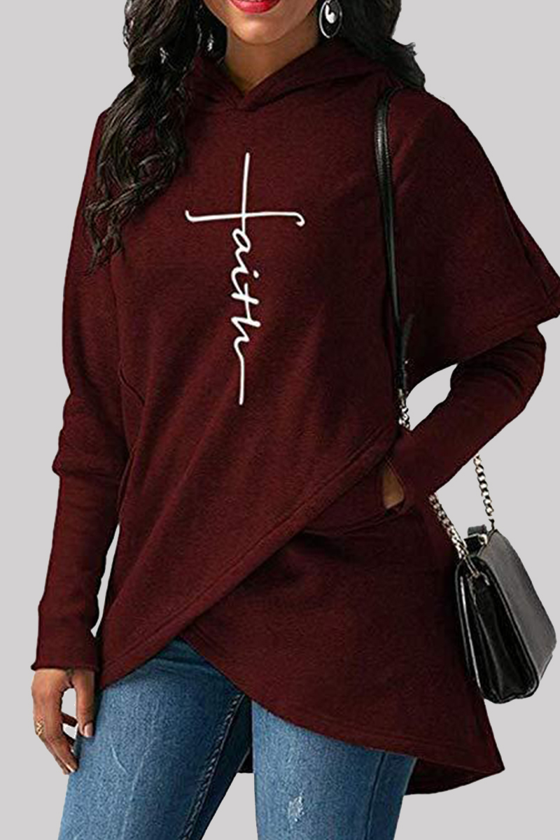 

Red Fashion Casual Print Patchwork Hooded Collar Tops