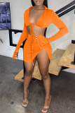 Orange Sexy Casual Solid Bandage Slit V Neck Long Sleeve Two Pieces