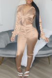Champagne Fashion Casual Solid Bandage V Neck Long Sleeve Two Pieces