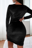 Black Fashion Sexy Solid Hollowed Out V Neck Long Sleeve Dresses