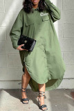 Green Casual Print Patchwork Buckle Turndown Collar Shirt Dress Dresses