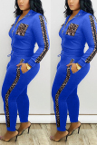 Blue Sexy adult Fashion Patchwork Zippered Leopard Print Two Piece Suits pencil Long Sleeve