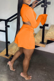 Orange Sexy Casual Solid Bandage Slit V Neck Long Sleeve Two Pieces