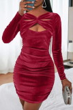 Grey Fashion Sexy Solid Hollowed Out V Neck Long Sleeve Dresses