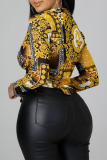 Yellow Casual Print Patchwork Buckle Turndown Collar Tops