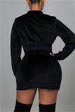 Black Fashion Sexy Solid Patchwork Zipper Collar Long Sleeve Two Pieces