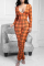 Orange Fashion Casual Plaid Print Fold V Neck Regular Jumpsuits