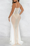 White Sexy Patchwork Hot Drilling See-through Backless V Neck Evening Dress