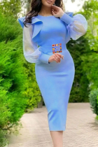 Sky Blue Fashion Casual Patchwork Slit O Neck Long Sleeve Dresses (Without Belt)
