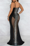 Black Sexy Patchwork Hot Drilling See-through Backless V Neck Evening Dress
