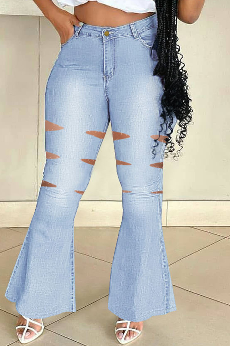 

Light Blue Fashion Casual Solid Ripped Plus Size Jeans