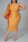 Gold Fashion Sexy Solid Hollowed Out Backless Oblique Collar Long Sleeve Plus Size Dresses