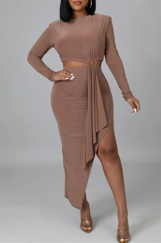 Red Bean Powder Fashion Casual Solid Hollowed Out O Neck Long Sleeve Irregular Dress