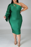 Black Fashion Sexy Solid Hollowed Out Backless Oblique Collar Long Sleeve Plus Size Dresses
