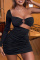 Black Fashion Sexy Solid Hollowed Out One Shoulder Long Sleeve Dresses