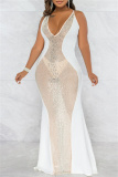 White Sexy Patchwork Hot Drilling See-through Backless V Neck Evening Dress