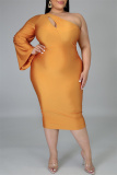 Green Fashion Sexy Solid Hollowed Out Backless Oblique Collar Long Sleeve Plus Size Dresses