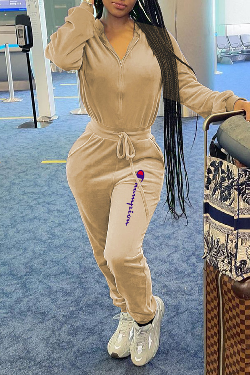 

Apricot Fashion Street Print Draw String Mandarin Collar Jumpsuits
