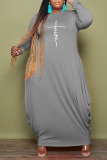 Grey Casual Print Patchwork O Neck Plus Size Dresses