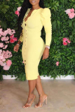 Yellow Sexy Solid Buckle O Neck Pencil Skirt Dresses