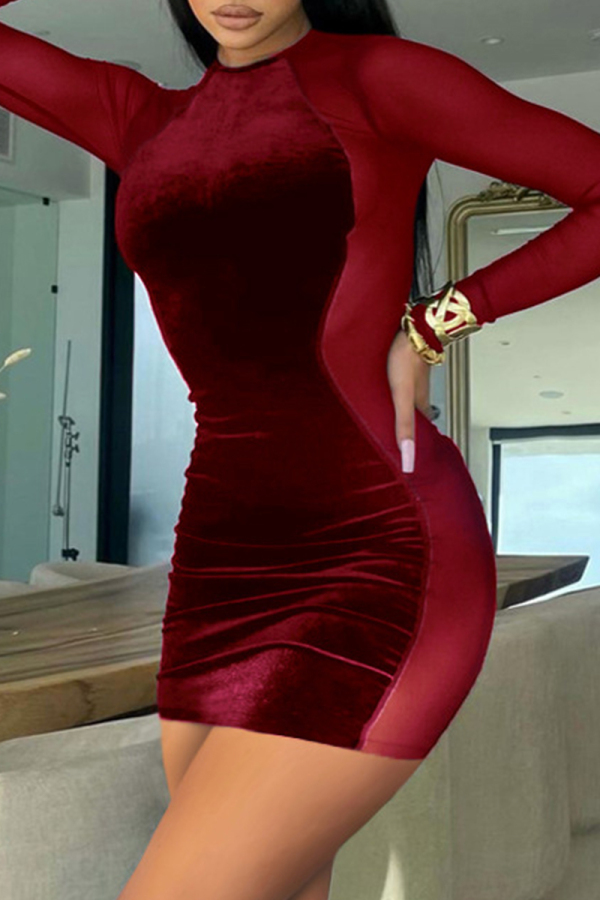 Red Fashion Sexy Patchwork See-through O Neck Long Sleeve Dresses