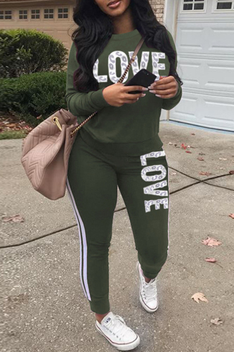 Army Green Fashion Casual Letter Print Basic O Neck Long Sleeve Two Pieces