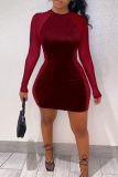 Red Fashion Sexy Patchwork See-through O Neck Long Sleeve Dresses