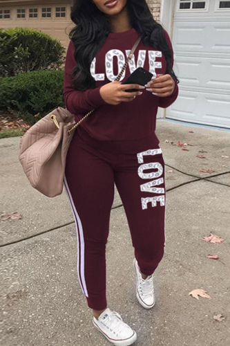 Burgundy Fashion Casual Letter Print Basic O Neck Long Sleeve Two Pieces