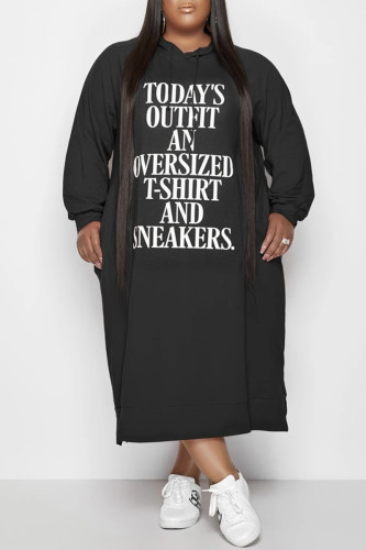 Black Fashion Casual Letter Print Basic Hooded Collar Long Sleeve Plus Size Dresses