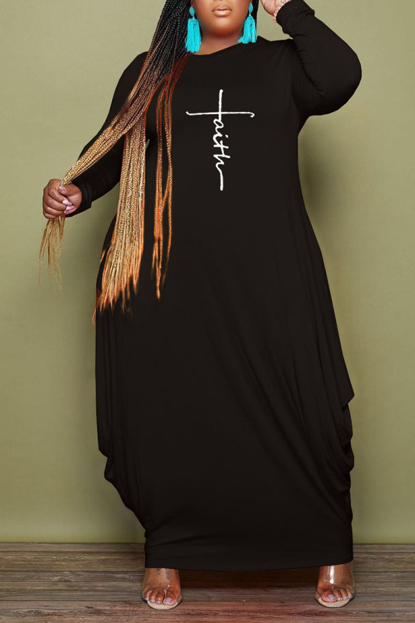 Black Casual Print Patchwork O Neck Plus Size Dresses