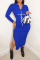 Blue Fashion Casual Print Slit Turndown Collar Long Sleeve Dresses