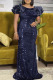 Deep Blue Elegant Solid Sequins Patchwork Fold O Neck Trumpet Mermaid Plus Size Dresses