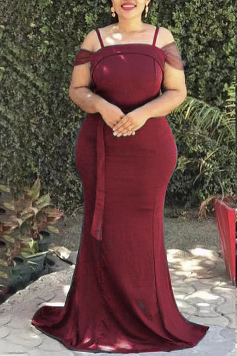

Purplish Red Elegant Solid Split Joint Spaghetti Strap Evening Dress Plus Size Dresses