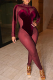 Red Fashion Sexy Patchwork See-through Half A Turtleneck Skinny Jumpsuits