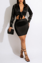 Black Sexy Solid Bandage Split Joint Turndown Collar Long Sleeve Two Pieces