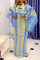 Blue Yellow Casual Elegant Striped Print Hollowed Out Split Joint Flounce O Neck Straight Plus Size Dresses