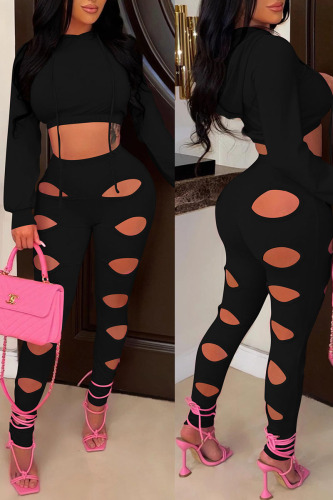 Black Sexy Solid Hollowed Out Patchwork Hooded Collar Long Sleeve Two Pieces
