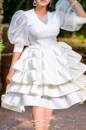 White Celebrities Solid Split Joint V Neck Cake Skirt Dresses