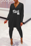 Black Fashion Casual Letter Print Slit V Neck Long Sleeve Two Pieces