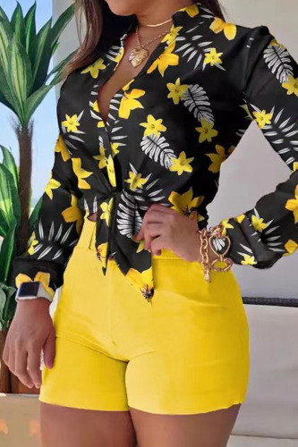 Black Casual Print Patchwork Buckle Turndown Collar Long Sleeve Two Pieces