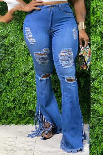 Blue Sexy Solid Tassel Patchwork Mid Waist Boot Cut Denim Jeans
