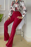 Red Casual Print Patchwork Buckle Mandarin Collar Long Sleeve Two Pieces