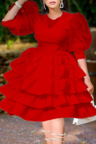 Red Celebrities Solid Split Joint V Neck Cake Skirt Dresses