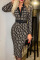 Khaki Casual Print Split Joint V Neck One Step Skirt Dresses