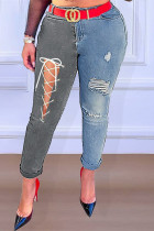Blue Fashion Casual Patchwork Ripped Bandage High Waist Skinny Jeans (Without Belt)