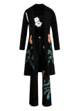 Black Casual Print Patchwork Turn-back Collar Long Sleeve Two Pieces